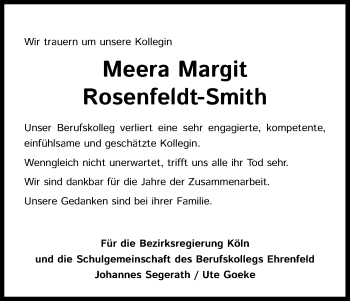 Anzeige von Meera Margit Rosenfeldt-Smith von Kölner Stadt-Anzeiger / Kölnische Rundschau / Express