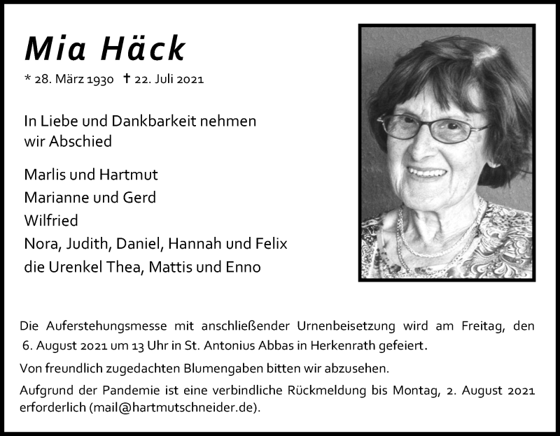  Traueranzeige für Mia Häck vom 31.07.2021 aus Kölner Stadt-Anzeiger / Kölnische Rundschau / Express