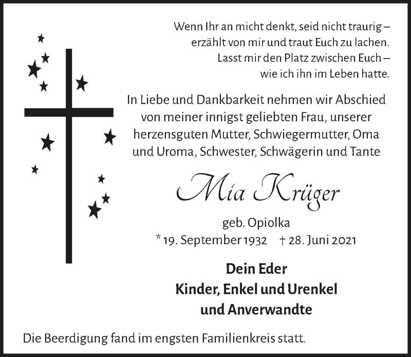  Traueranzeige für Mia Krüger vom 09.07.2021 aus  Lokalanzeiger 