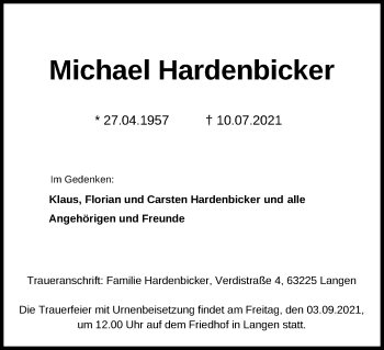 Anzeige von Michael Hardenbicker von Kölner Stadt-Anzeiger / Kölnische Rundschau / Express