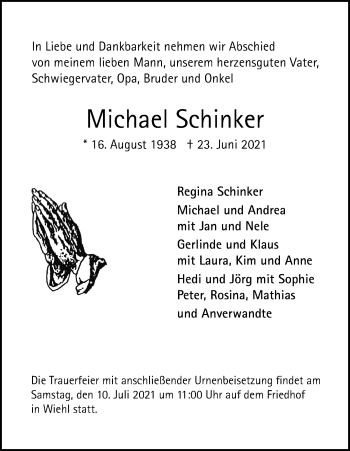 Anzeige von Michael Schinker von Kölner Stadt-Anzeiger / Kölnische Rundschau / Express