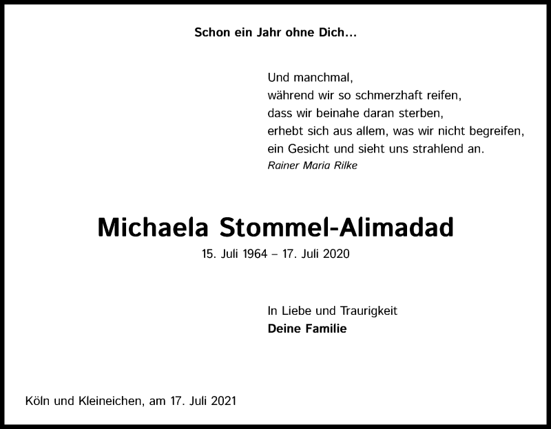  Traueranzeige für Michaela Stommel-Alimadad vom 17.07.2021 aus Kölner Stadt-Anzeiger / Kölnische Rundschau / Express
