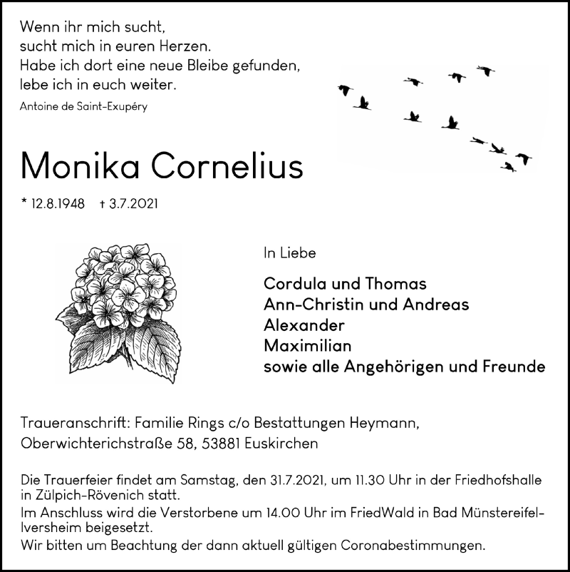  Traueranzeige für Monika Cornelius vom 24.07.2021 aus  Blickpunkt Euskirchen 