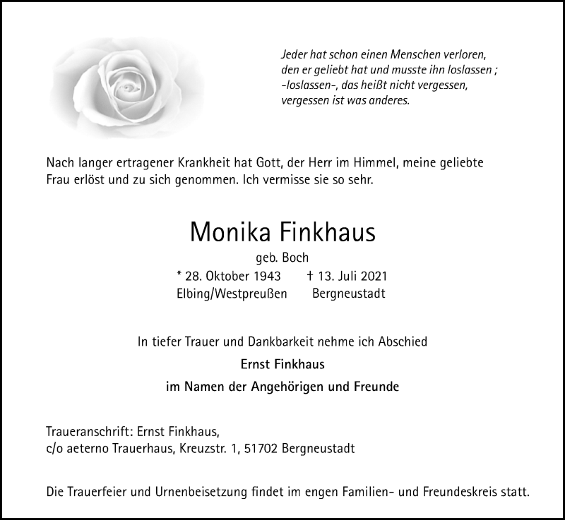  Traueranzeige für Monika Finkhaus vom 17.07.2021 aus Kölner Stadt-Anzeiger / Kölnische Rundschau / Express