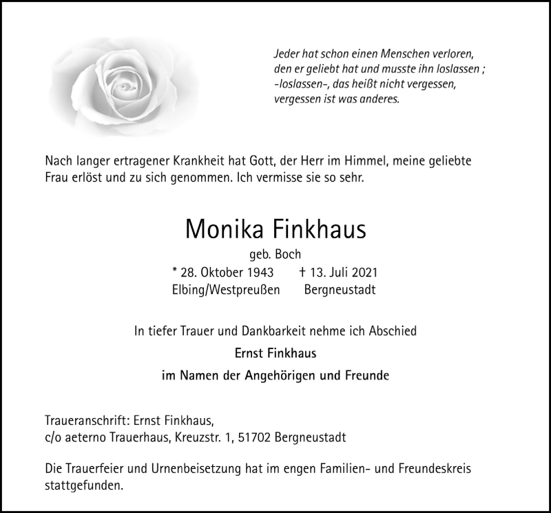  Traueranzeige für Monika Finkhaus vom 23.07.2021 aus  Anzeigen Echo 