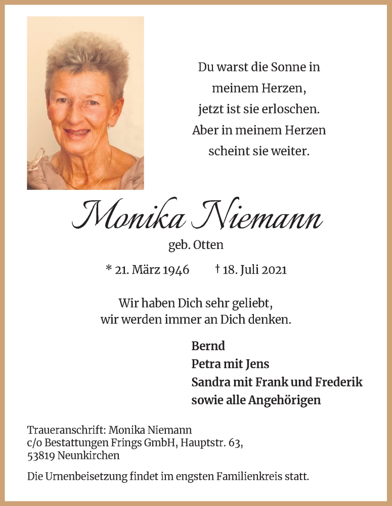  Traueranzeige für Monika Niemann vom 24.07.2021 aus Kölner Stadt-Anzeiger / Kölnische Rundschau / Express