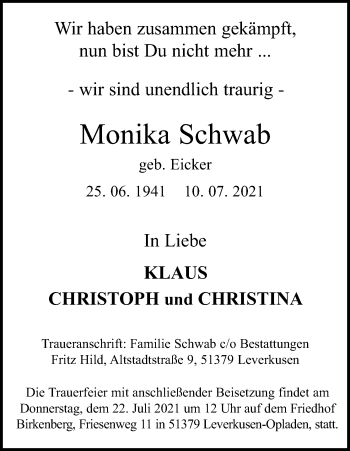 Anzeige von Monika Schwab von Kölner Stadt-Anzeiger / Kölnische Rundschau / Express