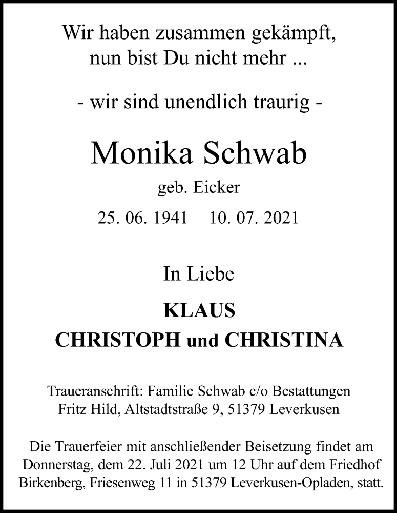  Traueranzeige für Monika Schwab vom 17.07.2021 aus Kölner Stadt-Anzeiger / Kölnische Rundschau / Express