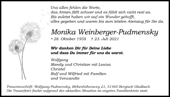 Anzeige von Monika Weinberger-Pudmensky von  Bergisches Handelsblatt 
