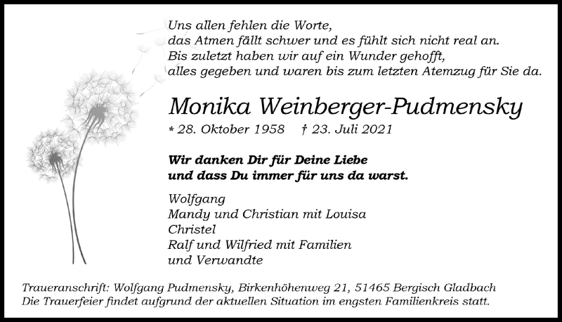  Traueranzeige für Monika Weinberger-Pudmensky vom 30.07.2021 aus  Bergisches Handelsblatt 