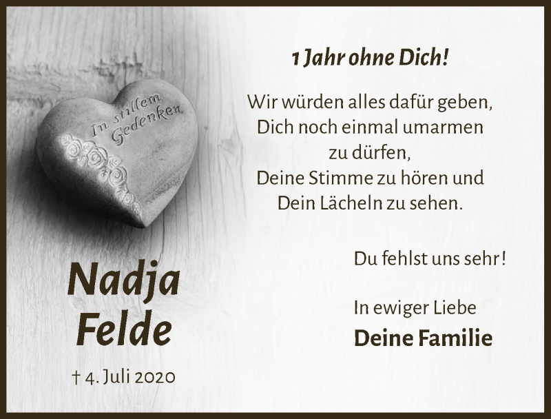  Traueranzeige für Nadja Felde vom 09.07.2021 aus  Anzeigen Echo 