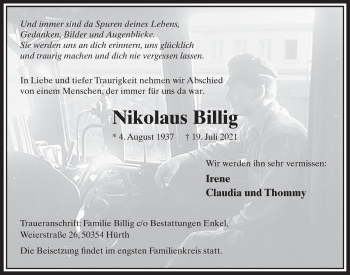 Anzeige von Nikolaus Billig von  Wochenende 
