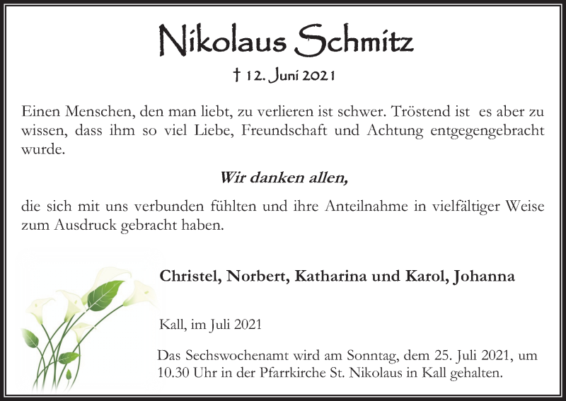 Traueranzeige für Nikolaus Schmitz vom 17.07.2021 aus Kölner Stadt-Anzeiger / Kölnische Rundschau / Express