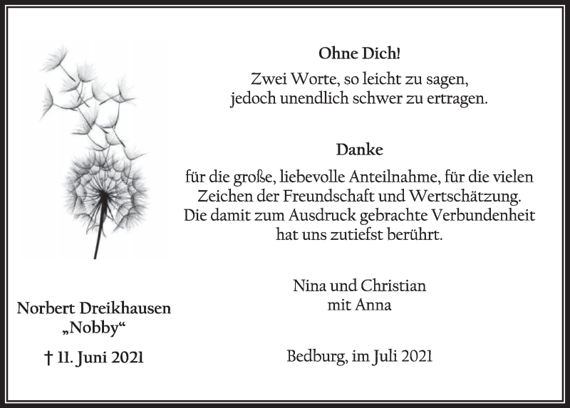  Traueranzeige für Norbert Dreikhausen vom 30.07.2021 aus  Werbepost 