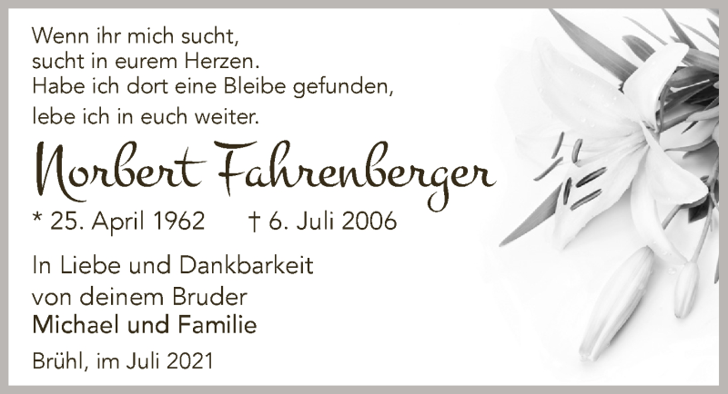  Traueranzeige für Norbert Fahrenberger vom 02.07.2021 aus  Schlossbote/Werbekurier 