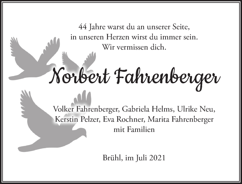  Traueranzeige für Norbert Fahrenberger vom 02.07.2021 aus  Schlossbote/Werbekurier 