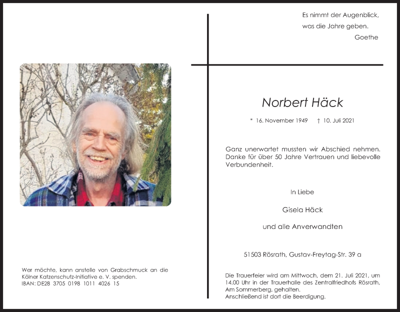  Traueranzeige für Norbert Häck vom 17.07.2021 aus Kölner Stadt-Anzeiger / Kölnische Rundschau / Express