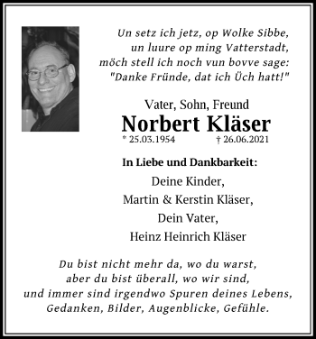 Anzeige von Norbert Kläser von Kölner Stadt-Anzeiger / Kölnische Rundschau / Express
