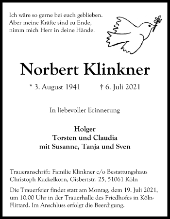 Anzeige von Norbert Klinkner von Kölner Stadt-Anzeiger / Kölnische Rundschau / Express
