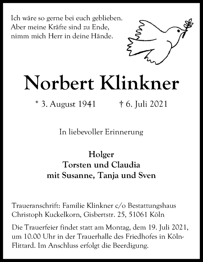  Traueranzeige für Norbert Klinkner vom 10.07.2021 aus Kölner Stadt-Anzeiger / Kölnische Rundschau / Express