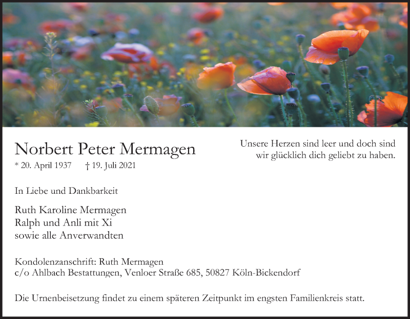  Traueranzeige für Norbert Peter Mermagen vom 24.07.2021 aus Kölner Stadt-Anzeiger / Kölnische Rundschau / Express