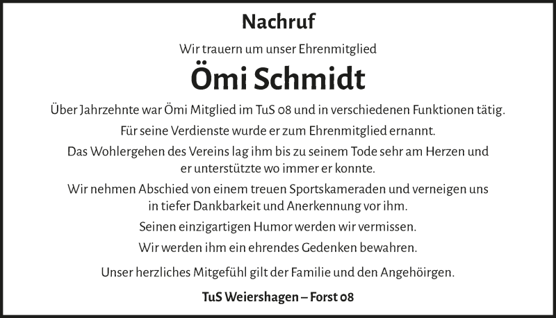  Traueranzeige für Ömi Schmidt vom 30.07.2021 aus  Anzeigen Echo 