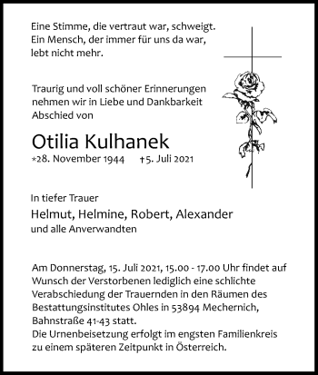 Anzeige von Otilia Kulhanek von Kölner Stadt-Anzeiger / Kölnische Rundschau / Express