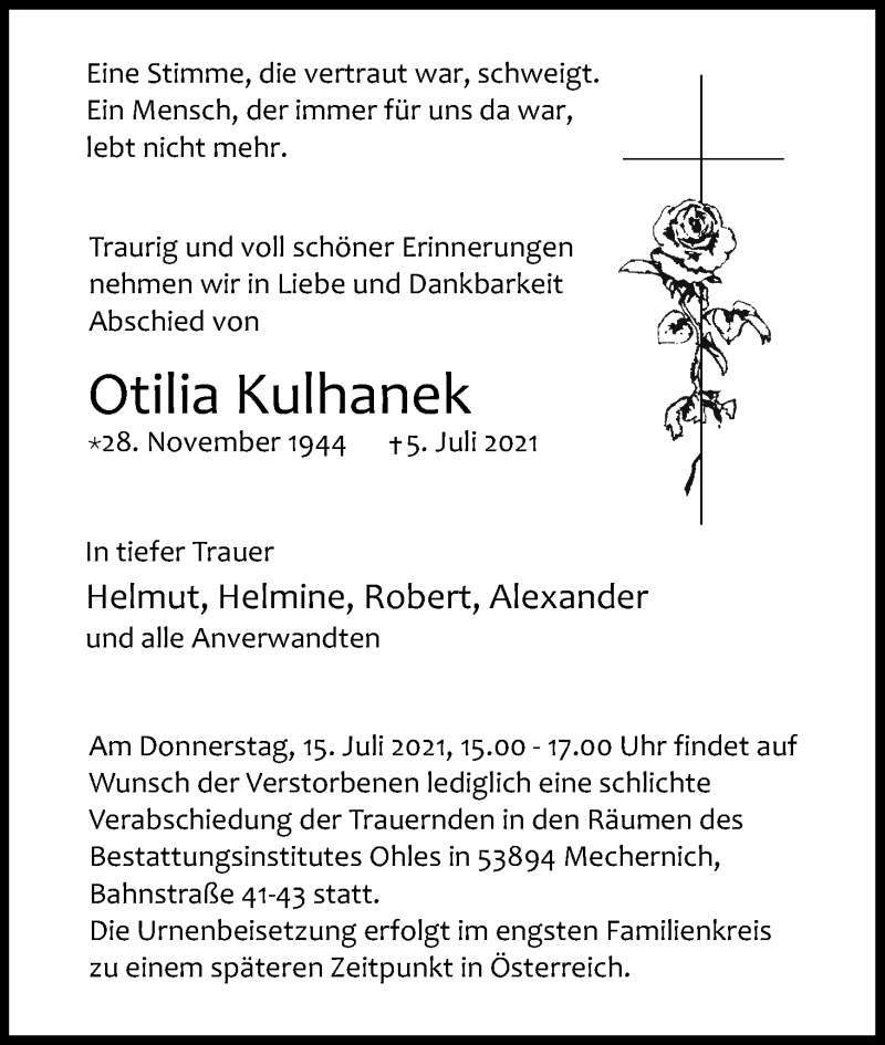  Traueranzeige für Otilia Kulhanek vom 10.07.2021 aus Kölner Stadt-Anzeiger / Kölnische Rundschau / Express