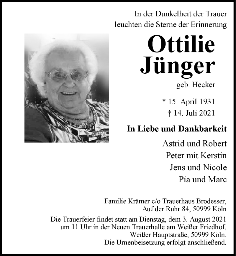  Traueranzeige für Ottilie Jünger vom 30.07.2021 aus  Kölner Wochenspiegel 