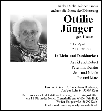 Anzeige von Ottilie Jünger von  Kölner Wochenspiegel 