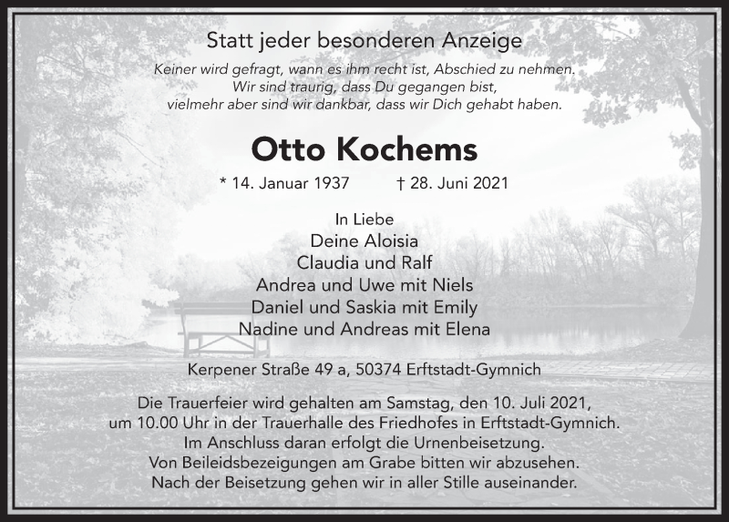  Traueranzeige für Otto Kochems vom 02.07.2021 aus  Werbepost 