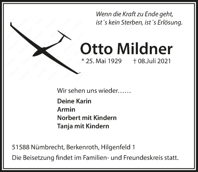  Traueranzeige für Otto Mildner vom 23.07.2021 aus  Lokalanzeiger 