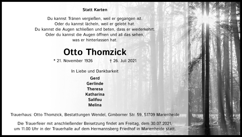  Traueranzeige für Otto Thomzick vom 28.07.2021 aus Kölner Stadt-Anzeiger / Kölnische Rundschau / Express