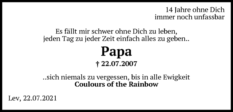  Traueranzeige für Papa  vom 22.07.2021 aus Kölner Stadt-Anzeiger / Kölnische Rundschau / Express