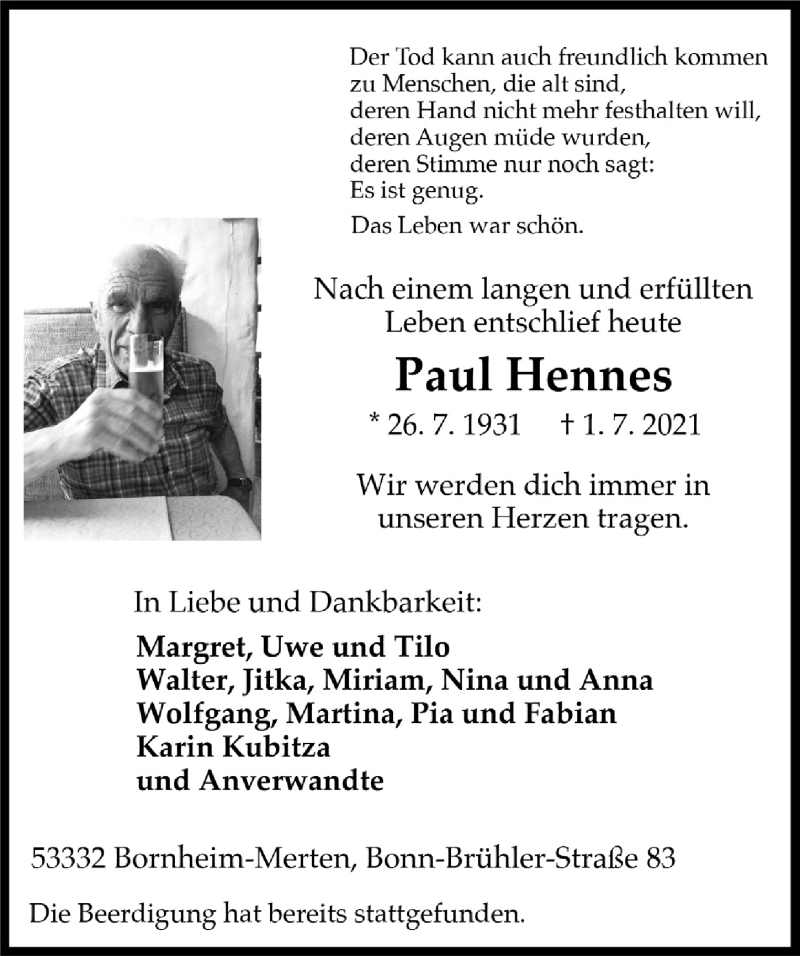  Traueranzeige für Paul Hennes vom 09.07.2021 aus  Schaufenster/Blickpunkt  Schlossbote/Werbekurier 