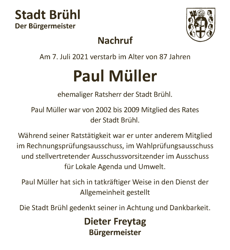  Traueranzeige für Paul Müller vom 16.07.2021 aus  Schlossbote/Werbekurier 