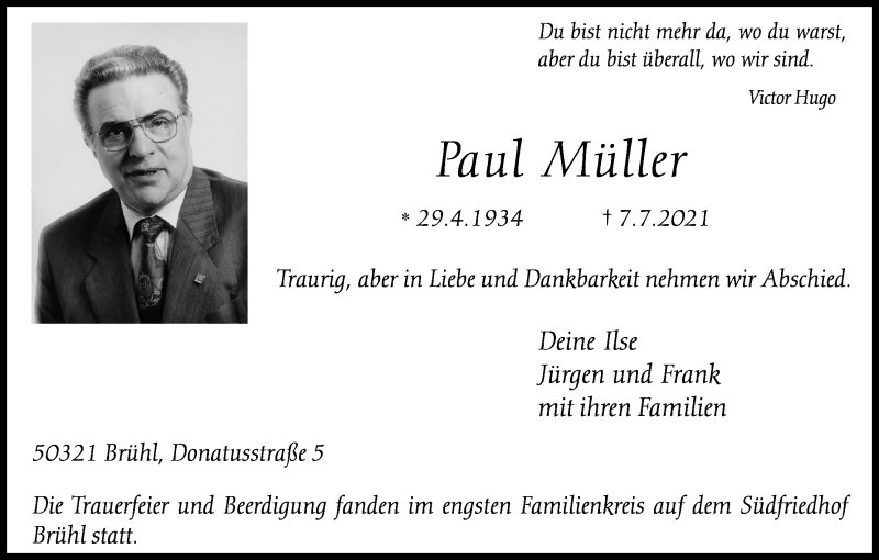  Traueranzeige für Paul Müller vom 17.07.2021 aus Kölner Stadt-Anzeiger / Kölnische Rundschau / Express