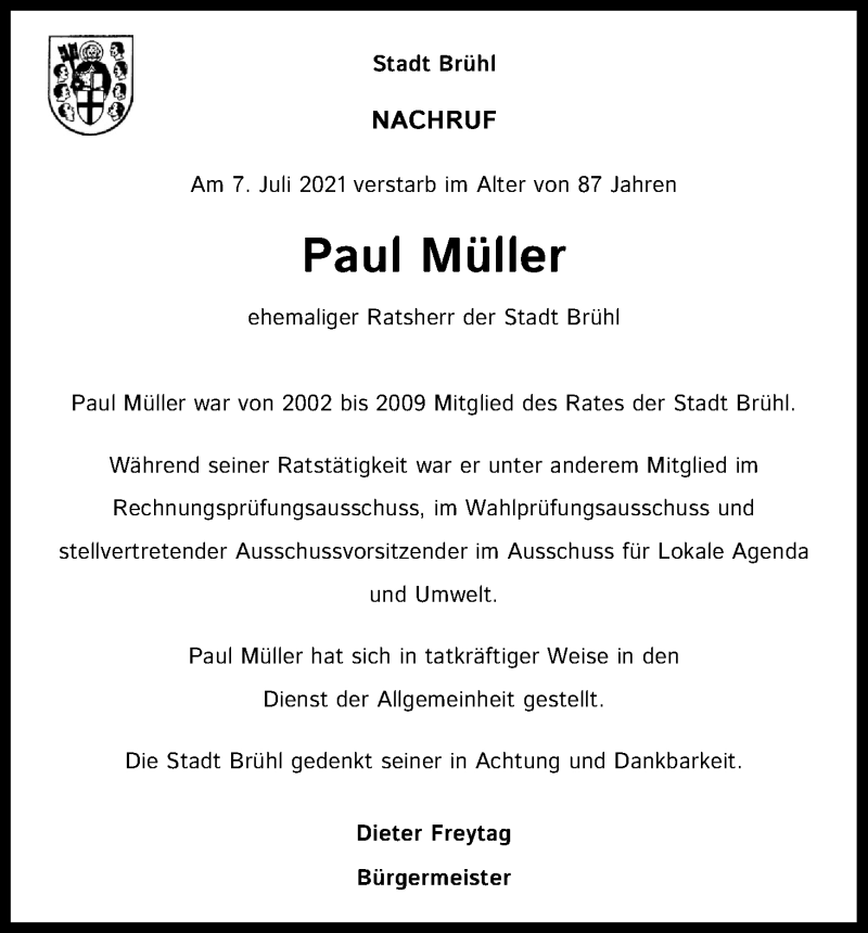  Traueranzeige für Paul Müller vom 17.07.2021 aus Kölner Stadt-Anzeiger / Kölnische Rundschau / Express