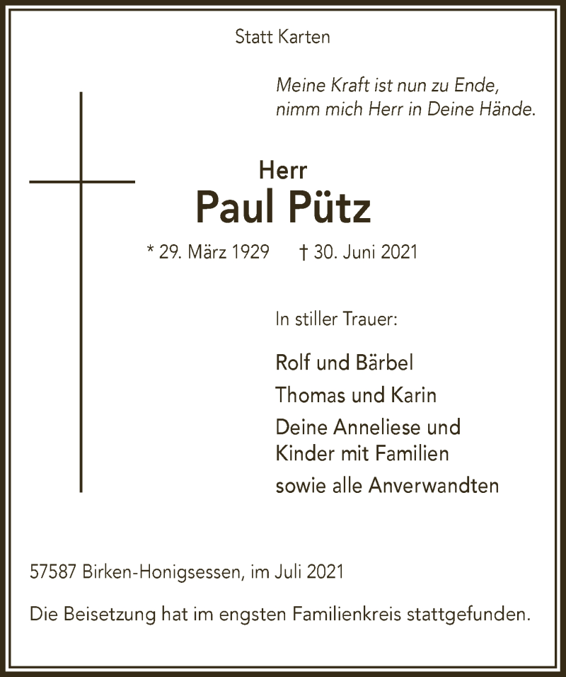  Traueranzeige für Paul Pütz vom 30.07.2021 aus  Schlossbote/Werbekurier 