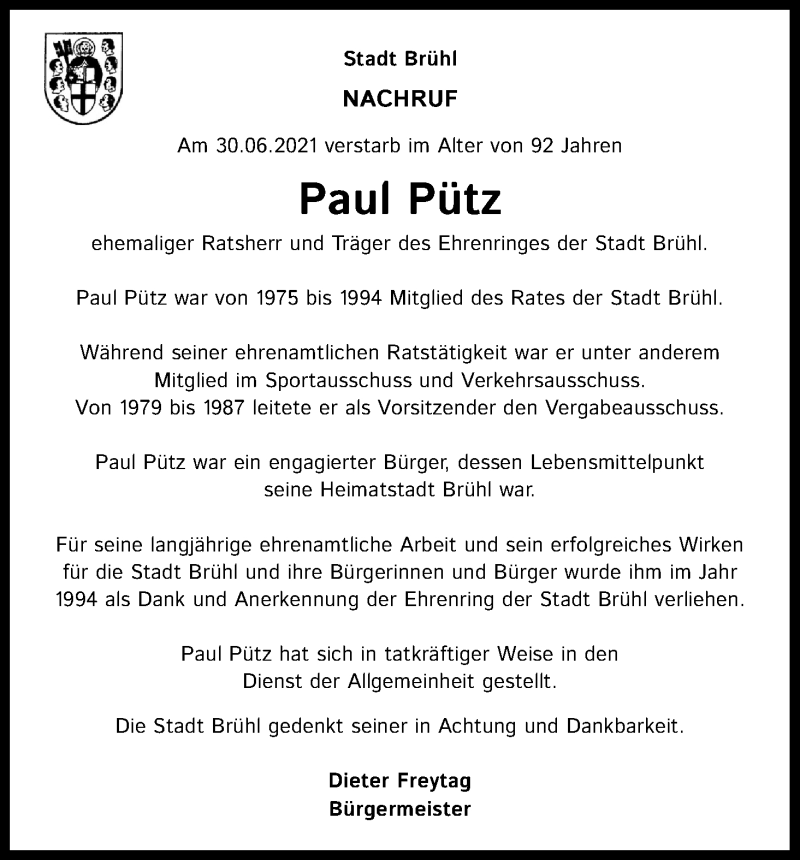  Traueranzeige für Paul Pütz vom 10.07.2021 aus Kölner Stadt-Anzeiger / Kölnische Rundschau / Express