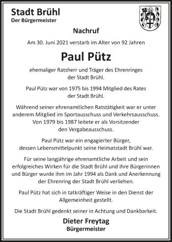 Anzeige von Paul Pütz von  Schlossbote/Werbekurier 