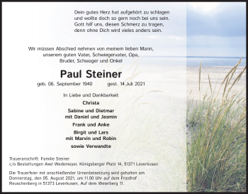 Anzeige von Paul Steiner von Kölner Stadt-Anzeiger / Kölnische Rundschau / Express
