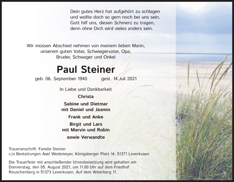  Traueranzeige für Paul Steiner vom 24.07.2021 aus Kölner Stadt-Anzeiger / Kölnische Rundschau / Express
