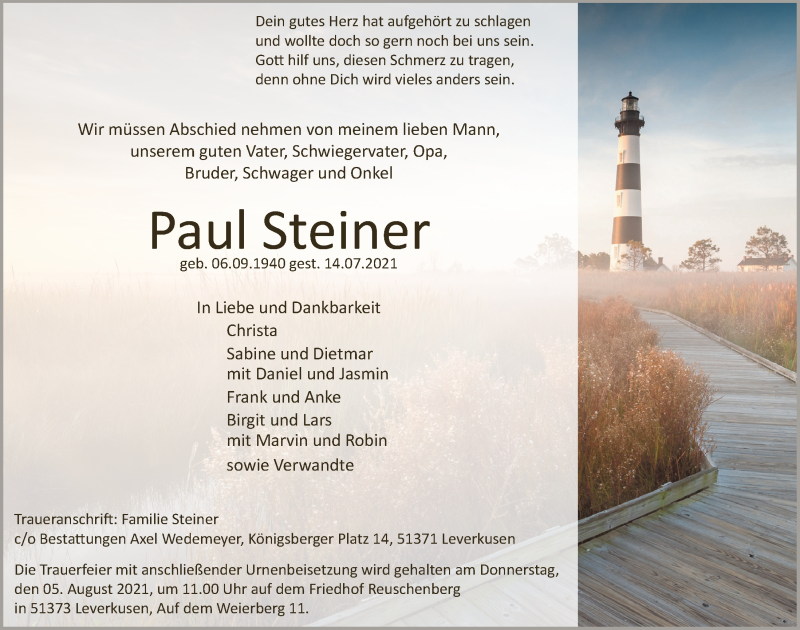  Traueranzeige für Paul Steiner vom 23.07.2021 aus  Lokale Informationen 