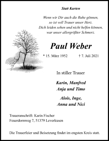 Anzeige von Paul Weber von Kölner Stadt-Anzeiger / Kölnische Rundschau / Express