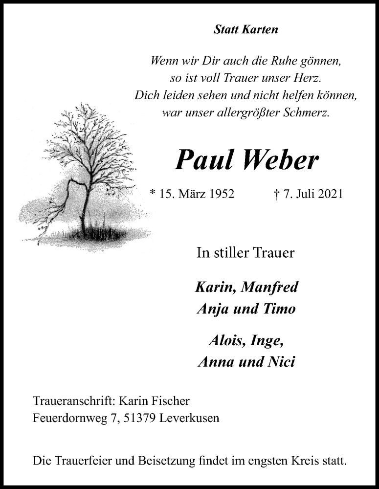  Traueranzeige für Paul Weber vom 17.07.2021 aus Kölner Stadt-Anzeiger / Kölnische Rundschau / Express