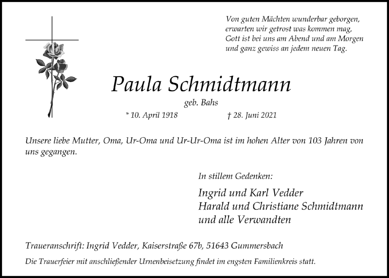  Traueranzeige für Paula Schmidtmann vom 09.07.2021 aus  Anzeigen Echo 