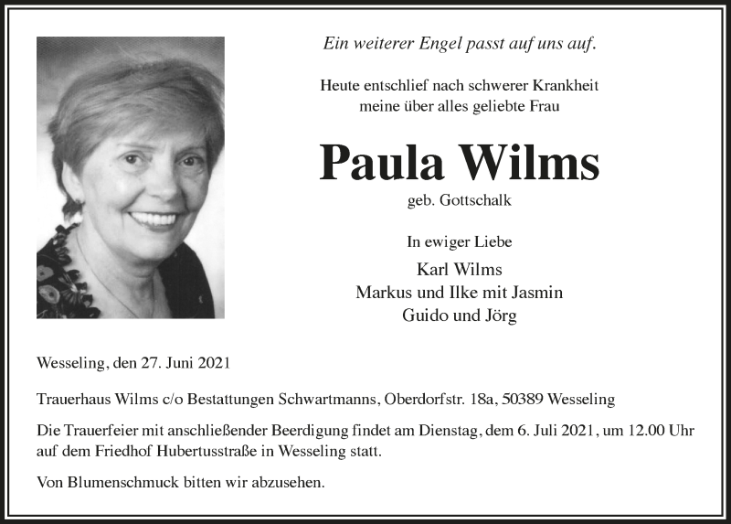  Traueranzeige für Paula Wilms vom 02.07.2021 aus  Schlossbote/Werbekurier 