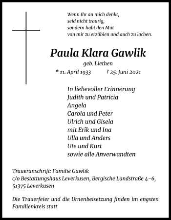 Anzeige von Paula Klara Gawlik von Kölner Stadt-Anzeiger / Kölnische Rundschau / Express