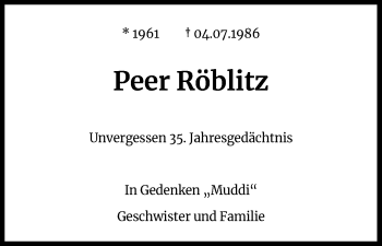 Anzeige von Peer Röblitz von Kölner Stadt-Anzeiger / Kölnische Rundschau / Express